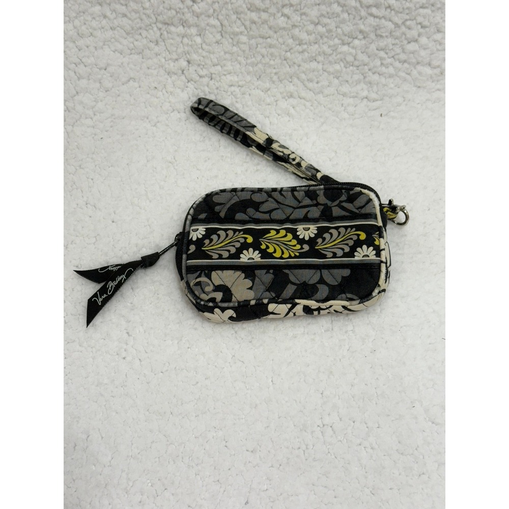 Vera Bradley Wristlet Pouch Black Gray Floral Yellow Daisy Pattern Zippered